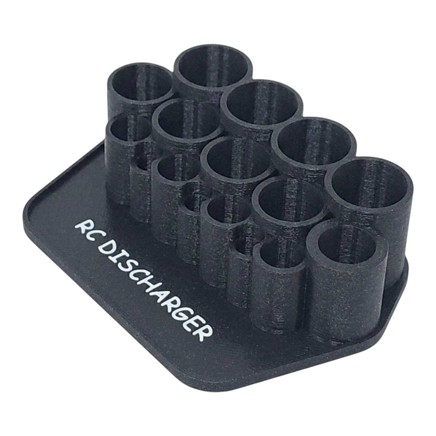 Black RC discharger holder with multiple cylindrical slots for RC battery connectors, labeled “RC DISCHARGER”