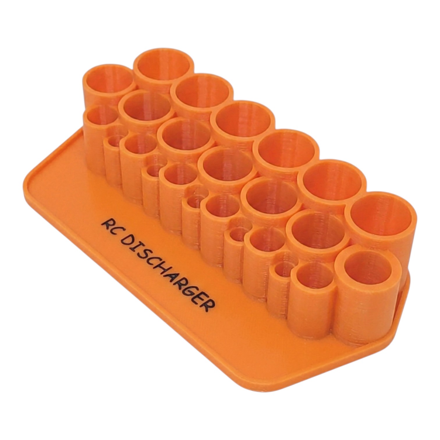 Orange RC discharger holder tray with multiple cylindrical slots for battery connectors, labeled “RC DISCHARGER”