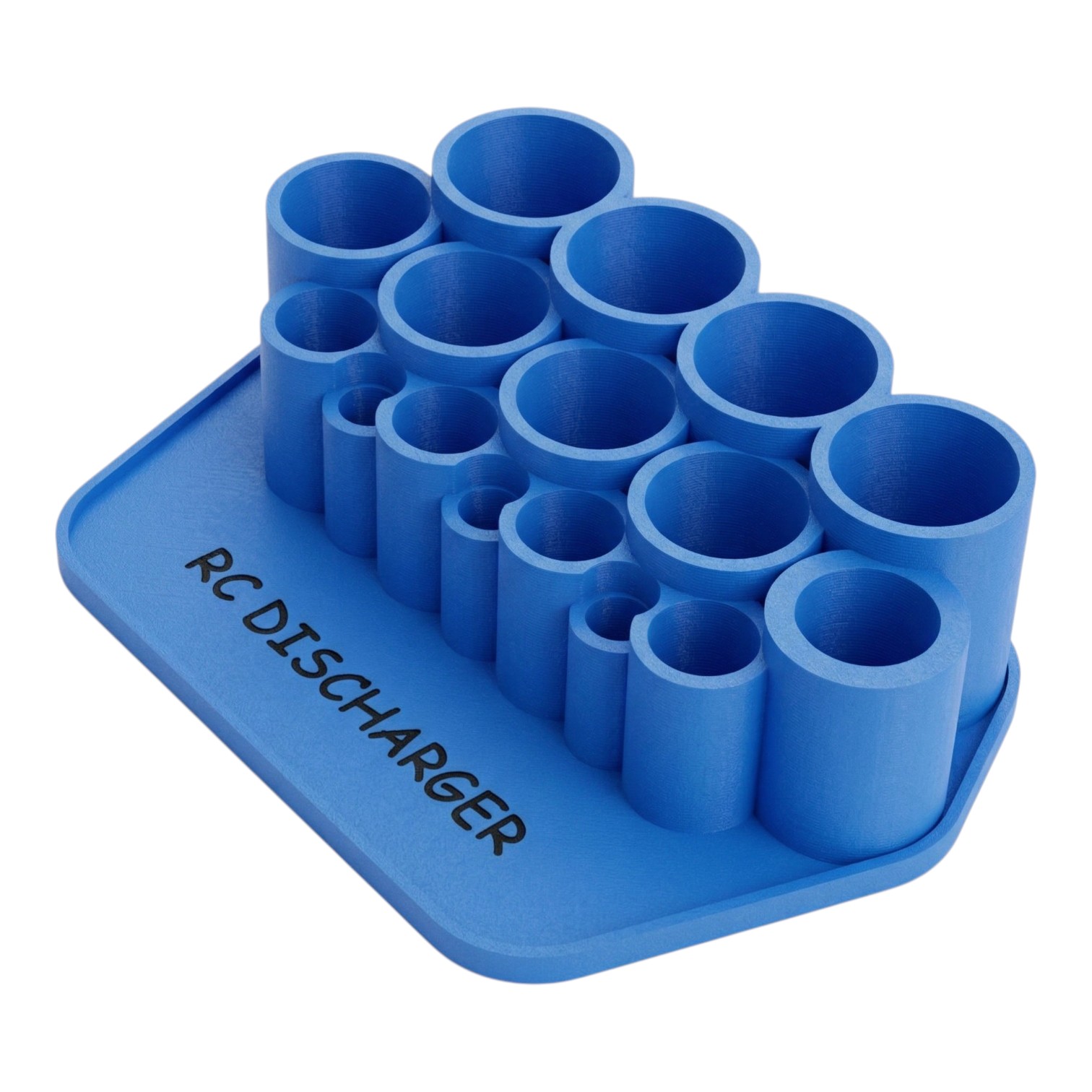 Blue 3D-printed RC discharger holder tray with multiple cylindrical slots for connectors and batteries