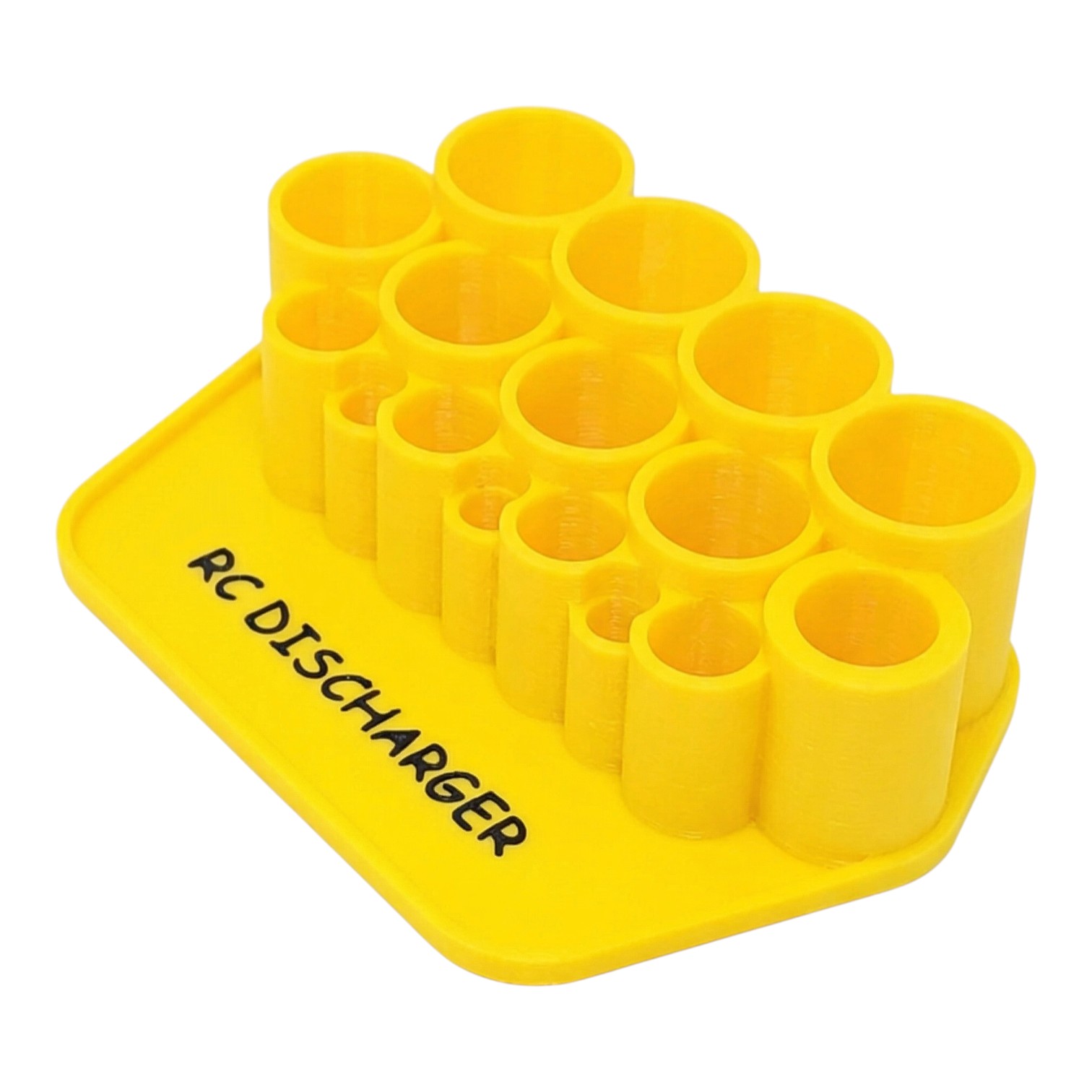 Yellow 3D-printed RC discharge connector holder with multiple cylindrical slots on a labeled base plate