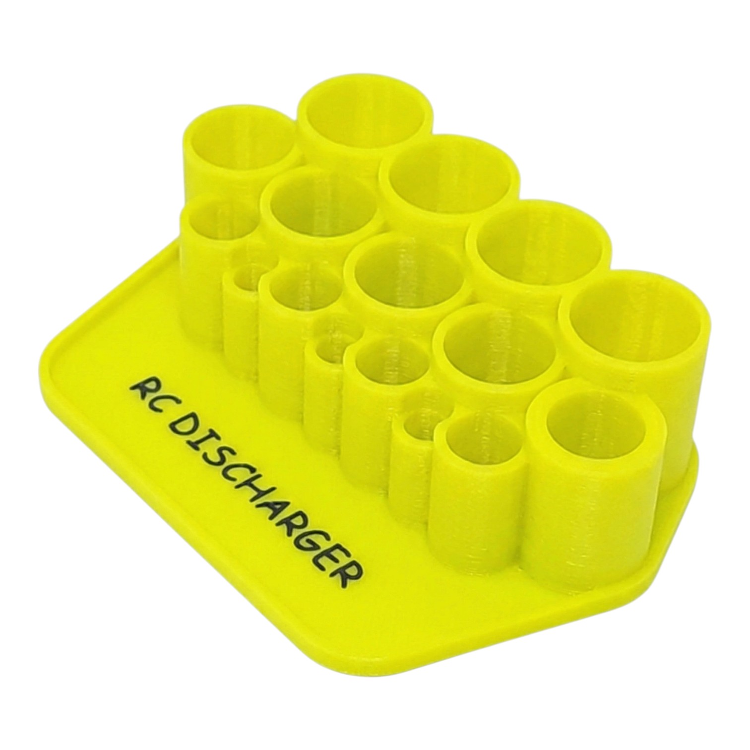 Yellow 3D-printed RC discharger holder with multiple cylindrical slots on a square base labeled “RC DISCHARGER”