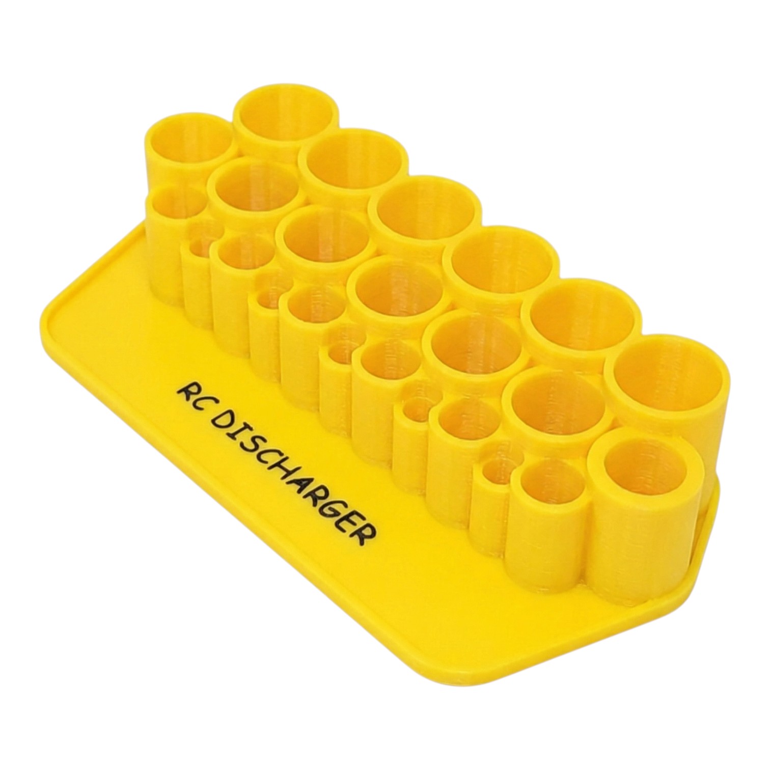 Yellow RC discharger battery holder tray with multiple cylindrical slots for discharging RC battery packs