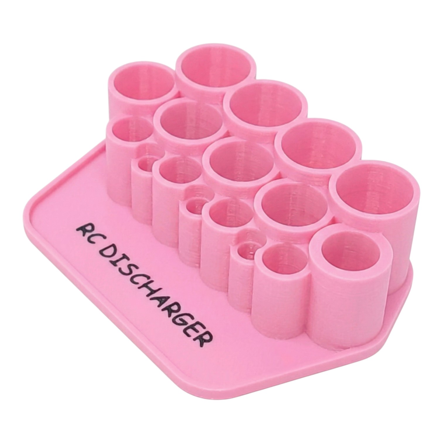 Pink RC discharger stand with multiple cylindrical slots for organizing RC batteries and connectors