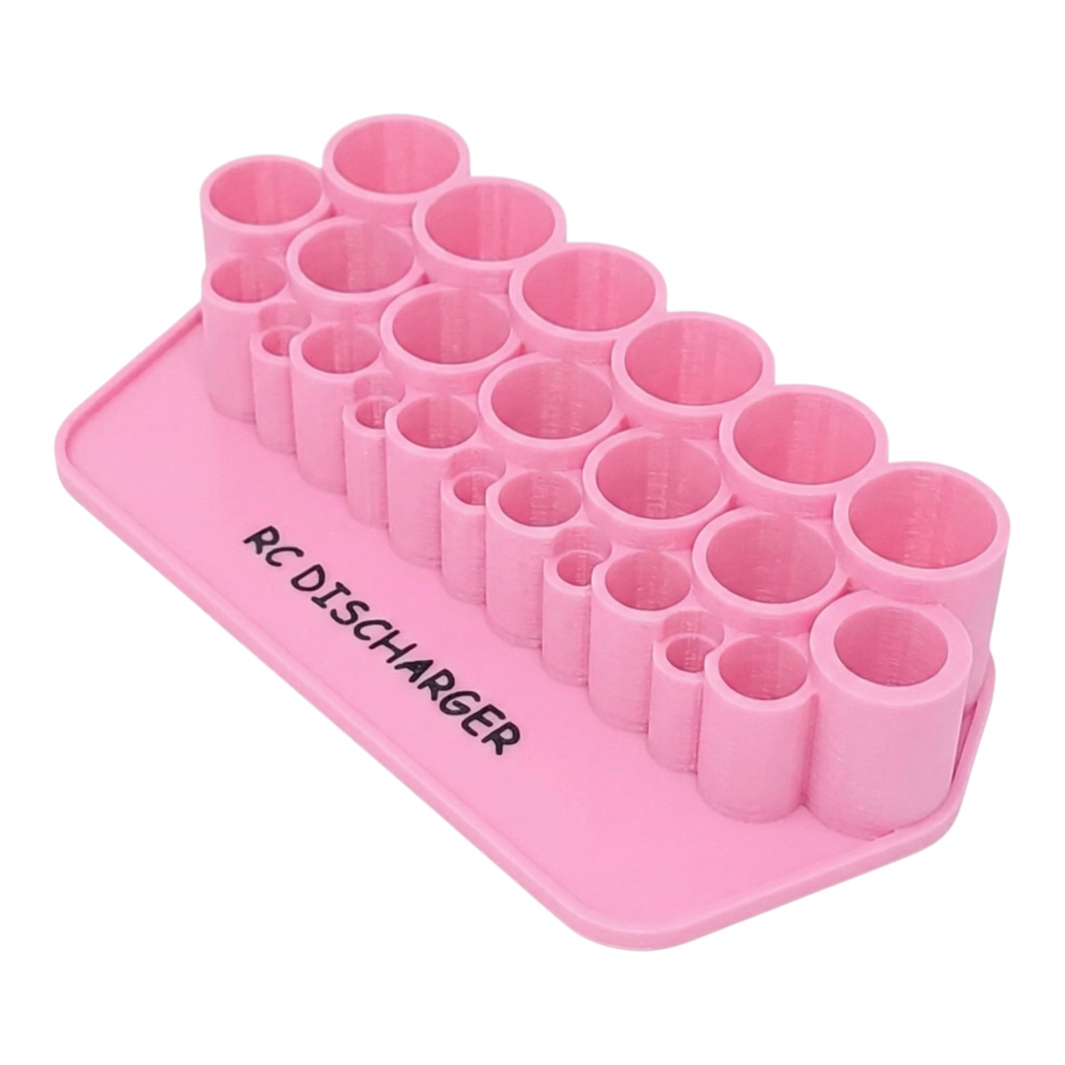 Pink RC discharger battery holder tray with multiple cylindrical slots for RC car battery packs