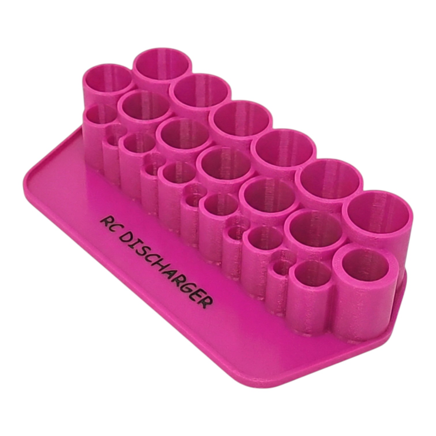 Pink RC battery discharger holder with multiple cylindrical slots on a rectangular base, labeled "RC DISCHARGER
