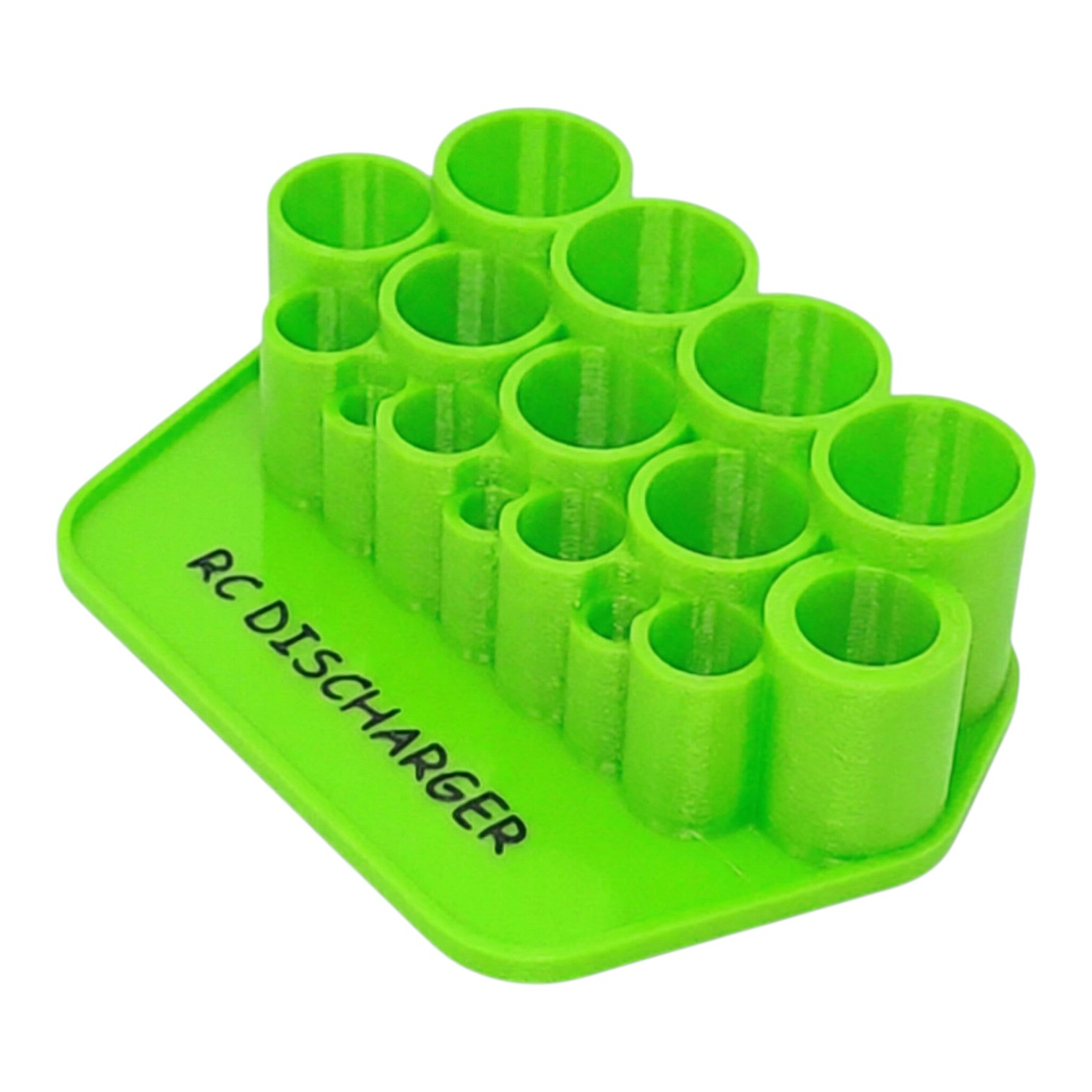 Bright green RC discharger stand with multiple cylindrical slots for battery connectors, labeled "RC DISCHARGER