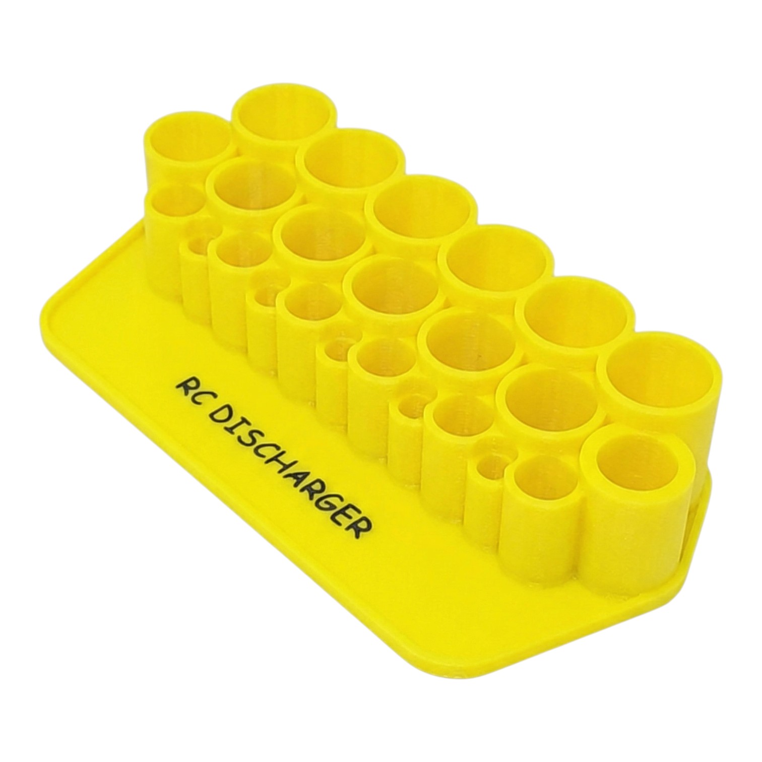 Yellow RC discharger battery holder tray with multiple cylindrical slots on a white background