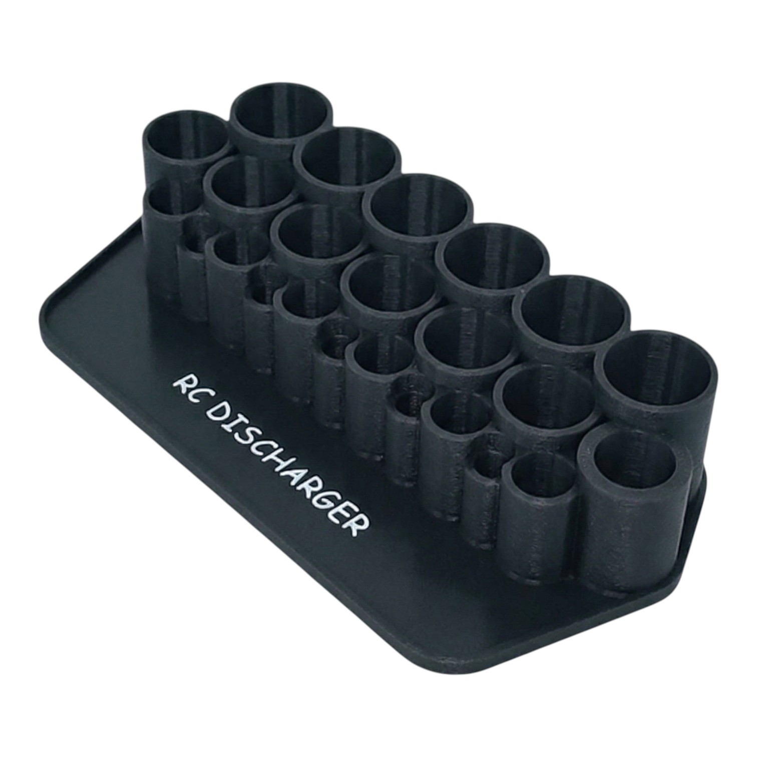 Black RC discharger stand with multiple cylindrical slots for holding RC battery connectors and wires