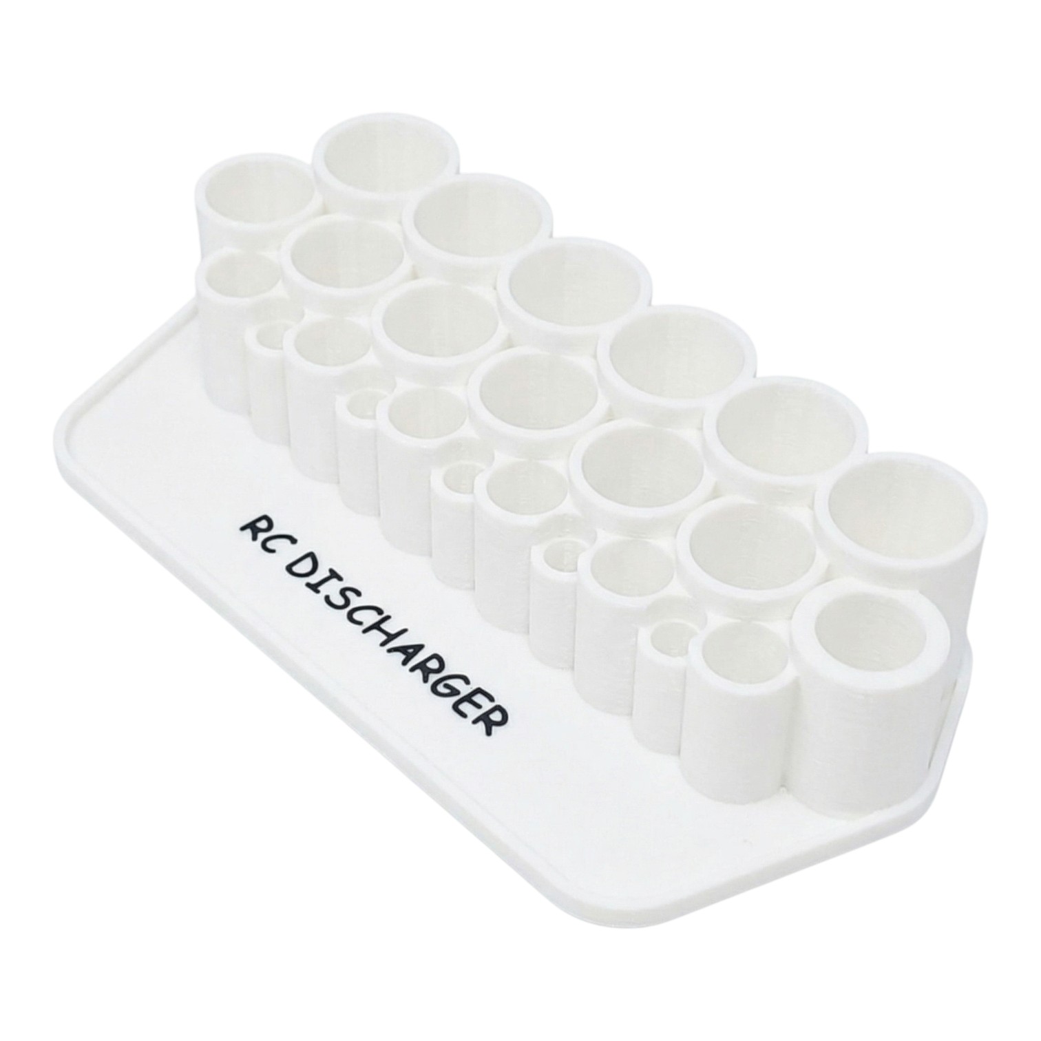 White RC discharger stand with multiple cylindrical slots for RC battery connectors, labeled “RC DISCHARGER”