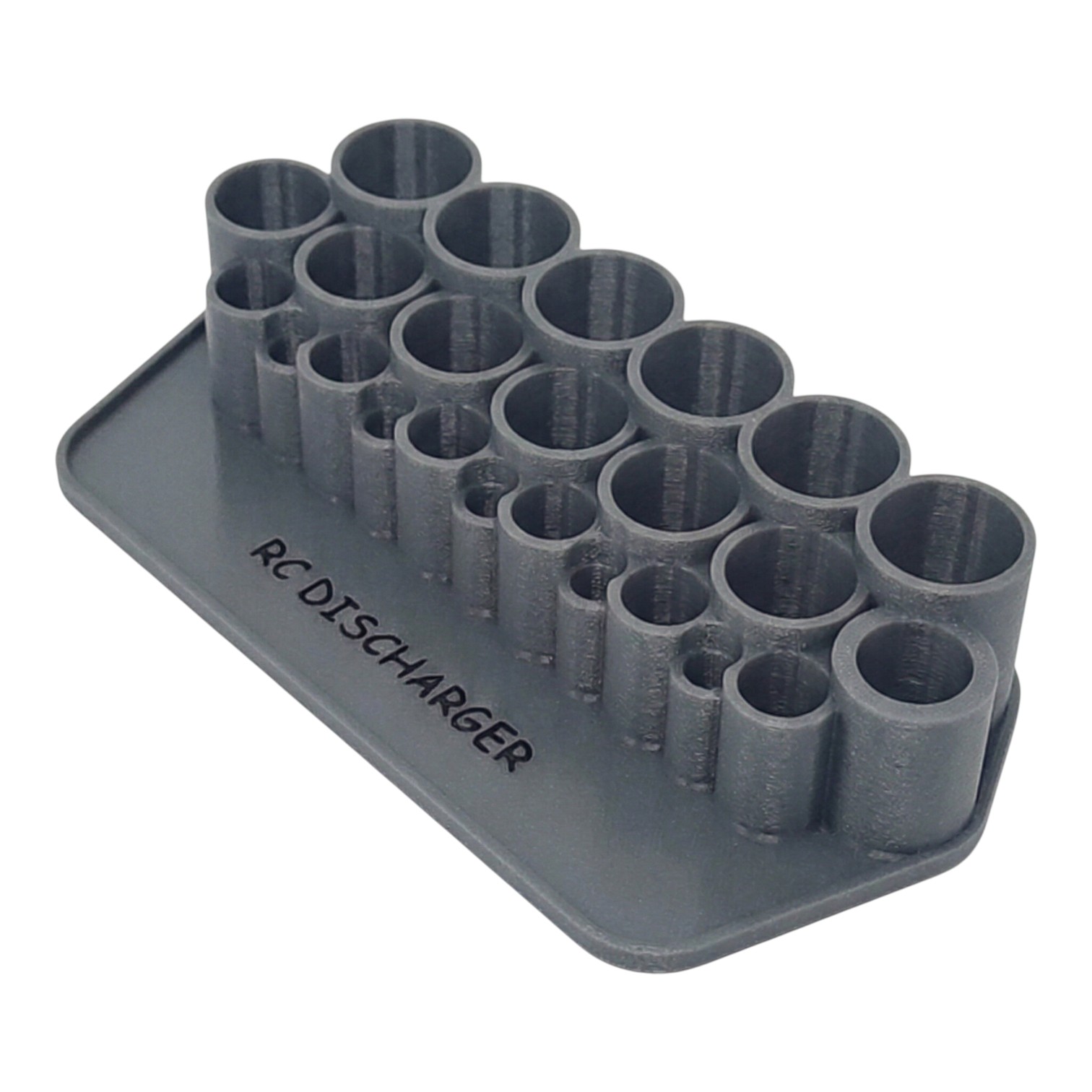 Gray 3D-printed RC discharger holder with multiple cylindrical slots for battery connectors on a rectangular base