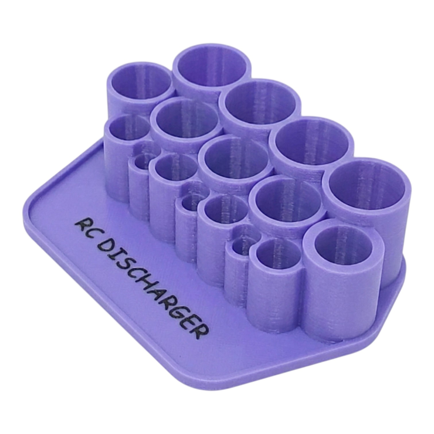 Purple 3D-printed RC discharger stand with multiple cylindrical slots for battery connectors on a base labeled "RC DISCHARGER