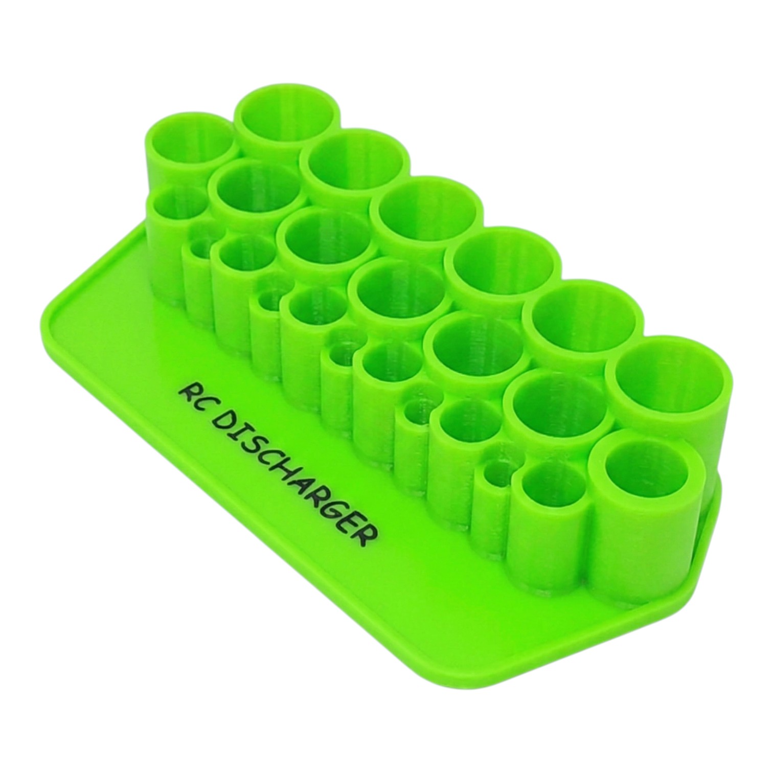 Green RC discharger battery connector holder rack with multiple cylindrical slots on a white background