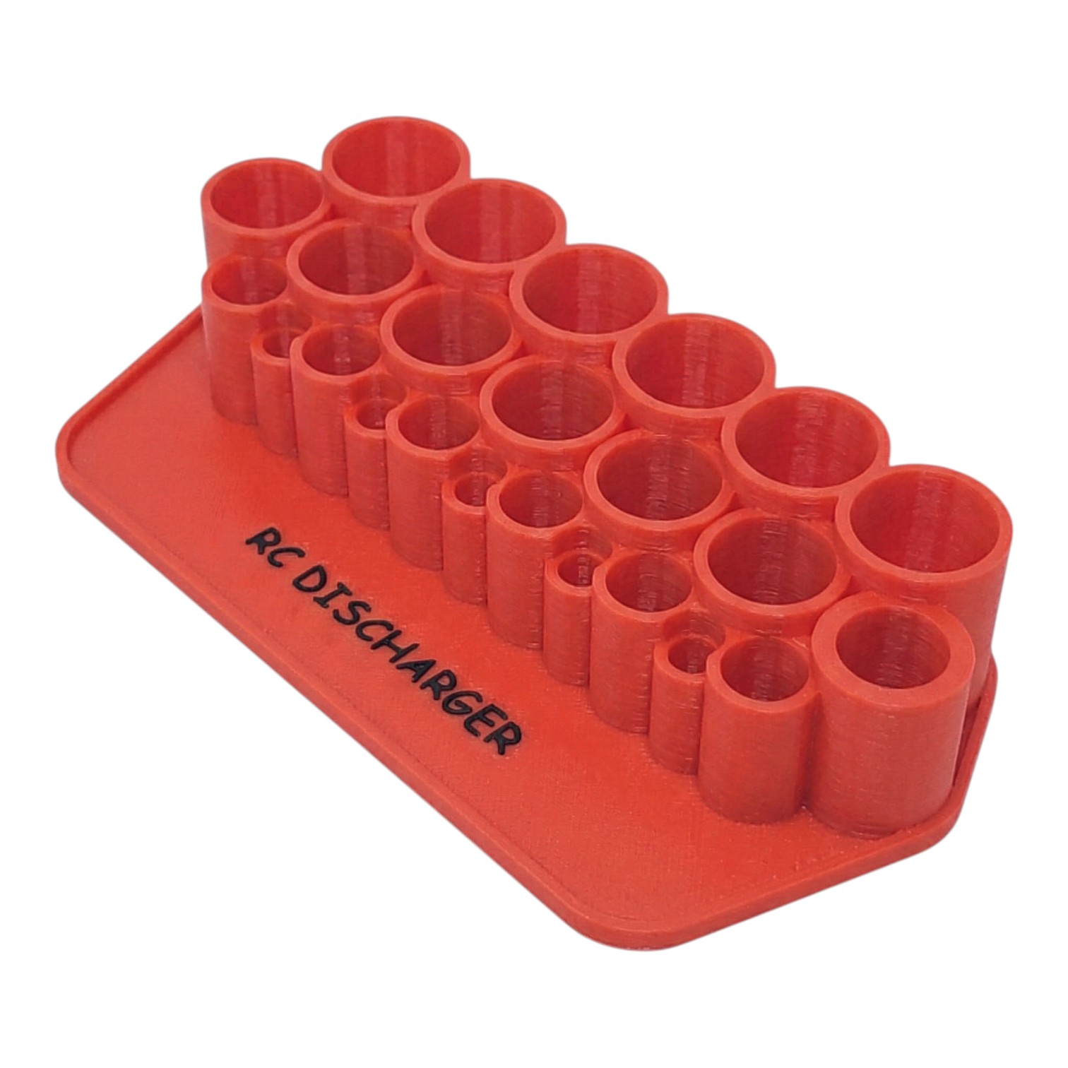 Red RC Discharger battery connector holder rack with multiple cylindrical slots for organizing RC plugs