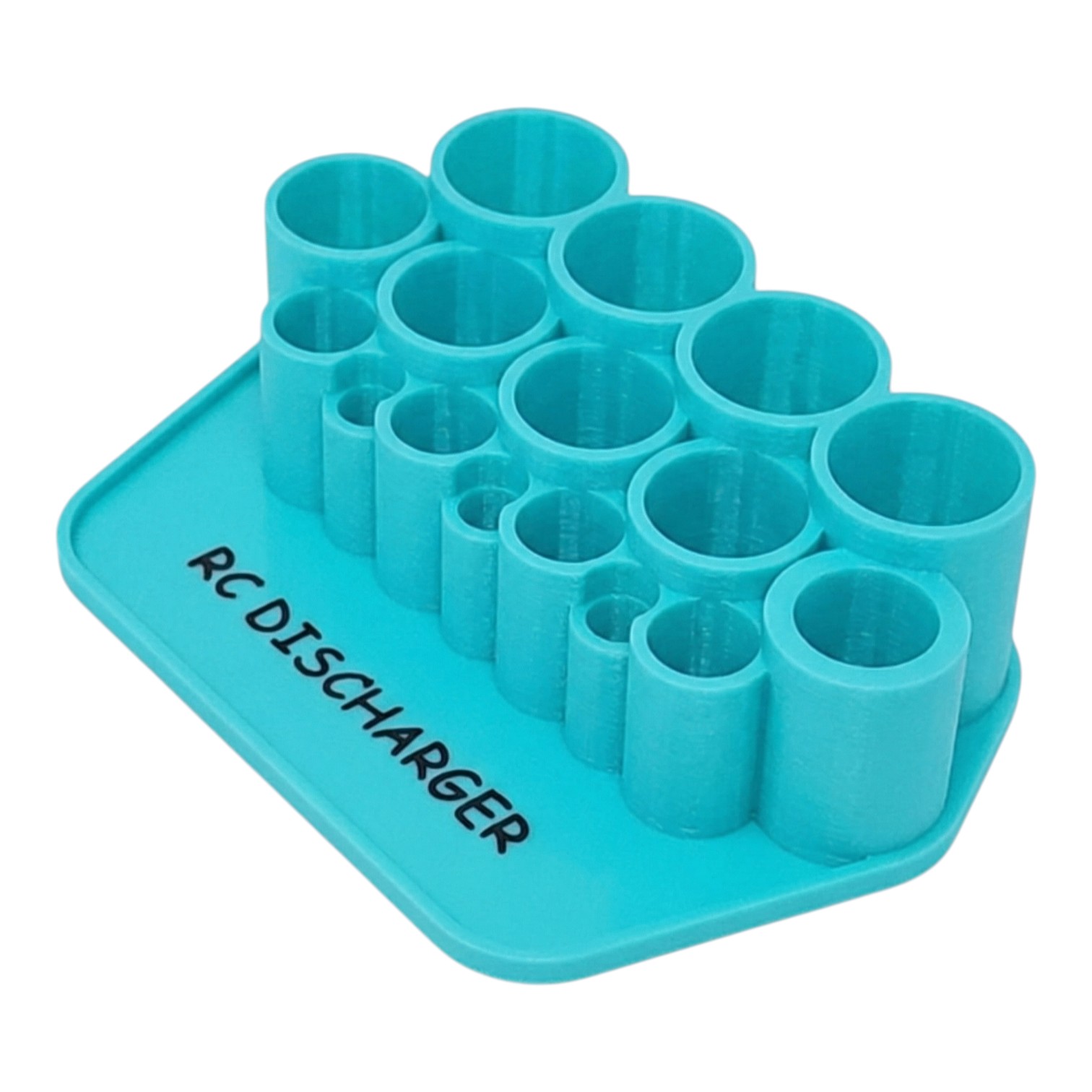 Turquoise 3D-printed RC discharger stand with multiple cylindrical slots for battery connectors and wires
