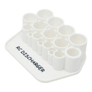 White RC discharger plug holder with multiple round sockets on a plastic base labeled “RC DISCHARGER”