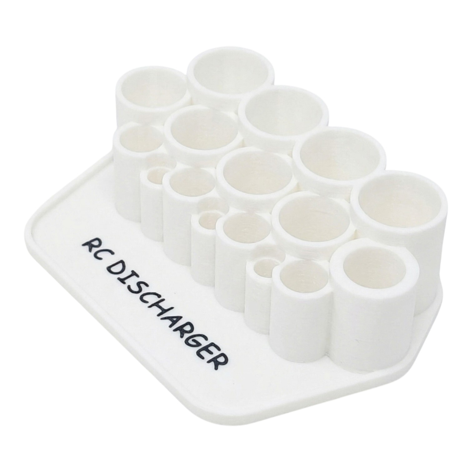 White RC discharger plug holder with multiple round sockets on a plastic base labeled “RC DISCHARGER”