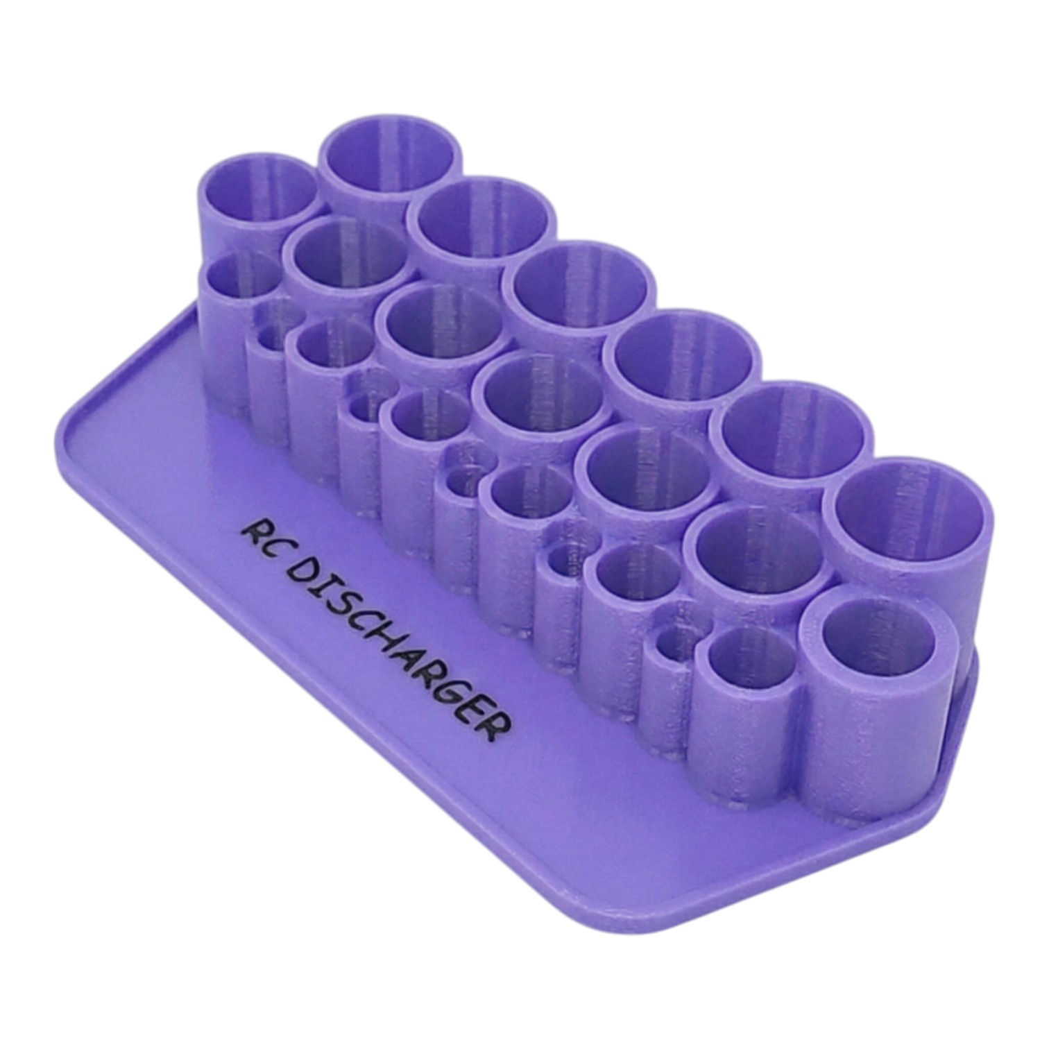 Purple RC discharger tool with multiple cylindrical slots for battery connectors, labeled "RC DISCHARGER