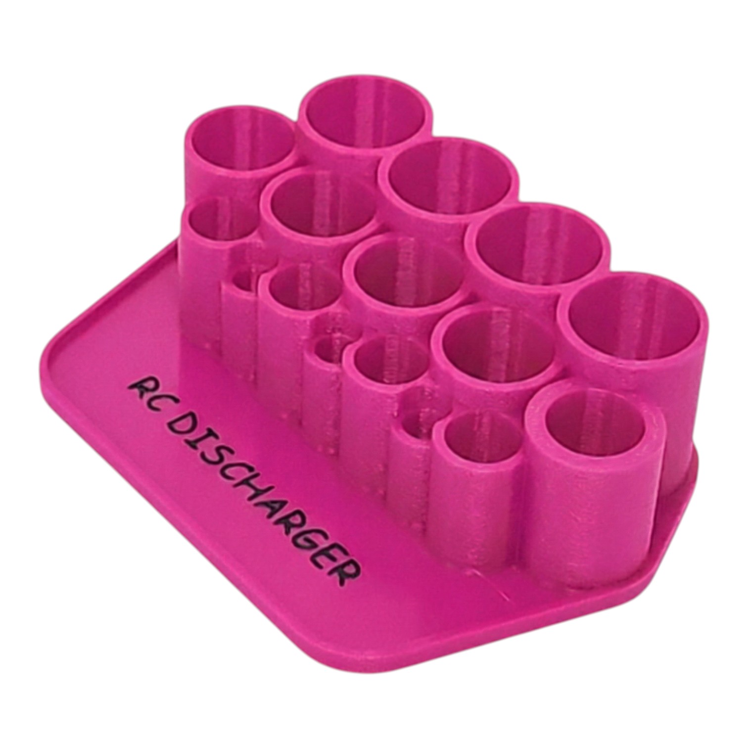 Pink RC discharger battery holder stand with multiple cylindrical slots for RC LiPo packs on white background