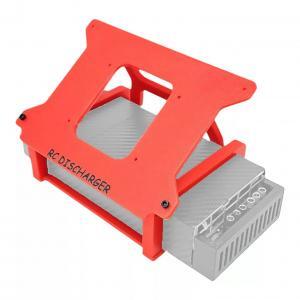 Red RC discharger protective frame mount holding a silver electronic discharger unit on white background