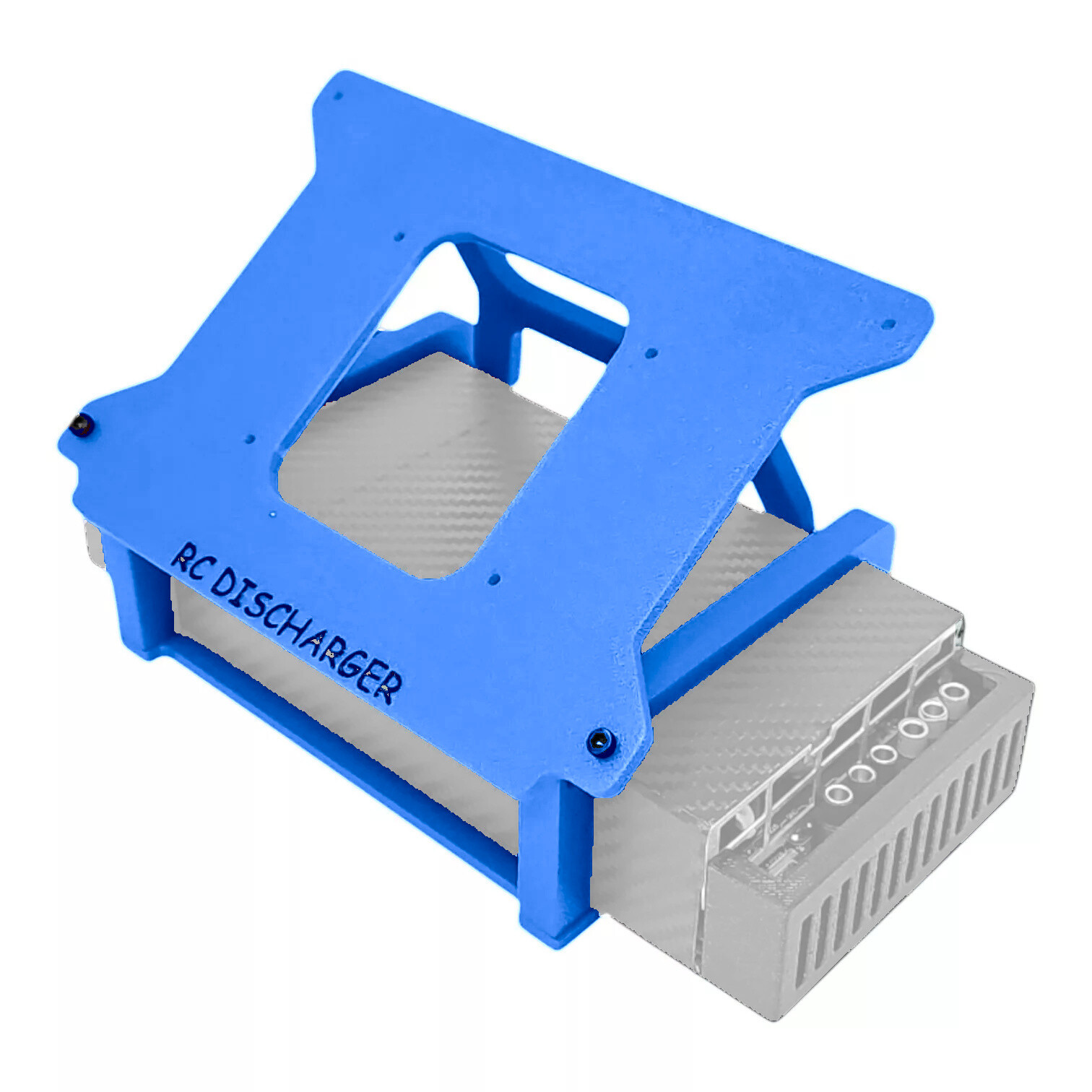 Blue 3D-printed RC Discharger protective case mounted on a gray electronic module with ventilation slots