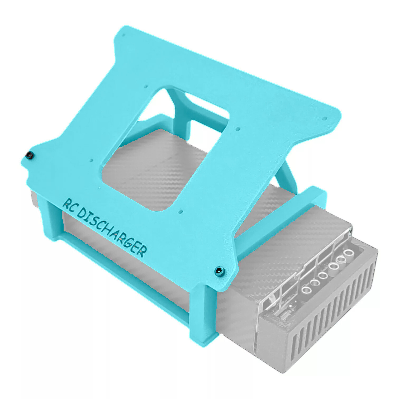 Turquoise RC Discharger stand holding a gray electronic discharger unit with ventilation slots and connector ports