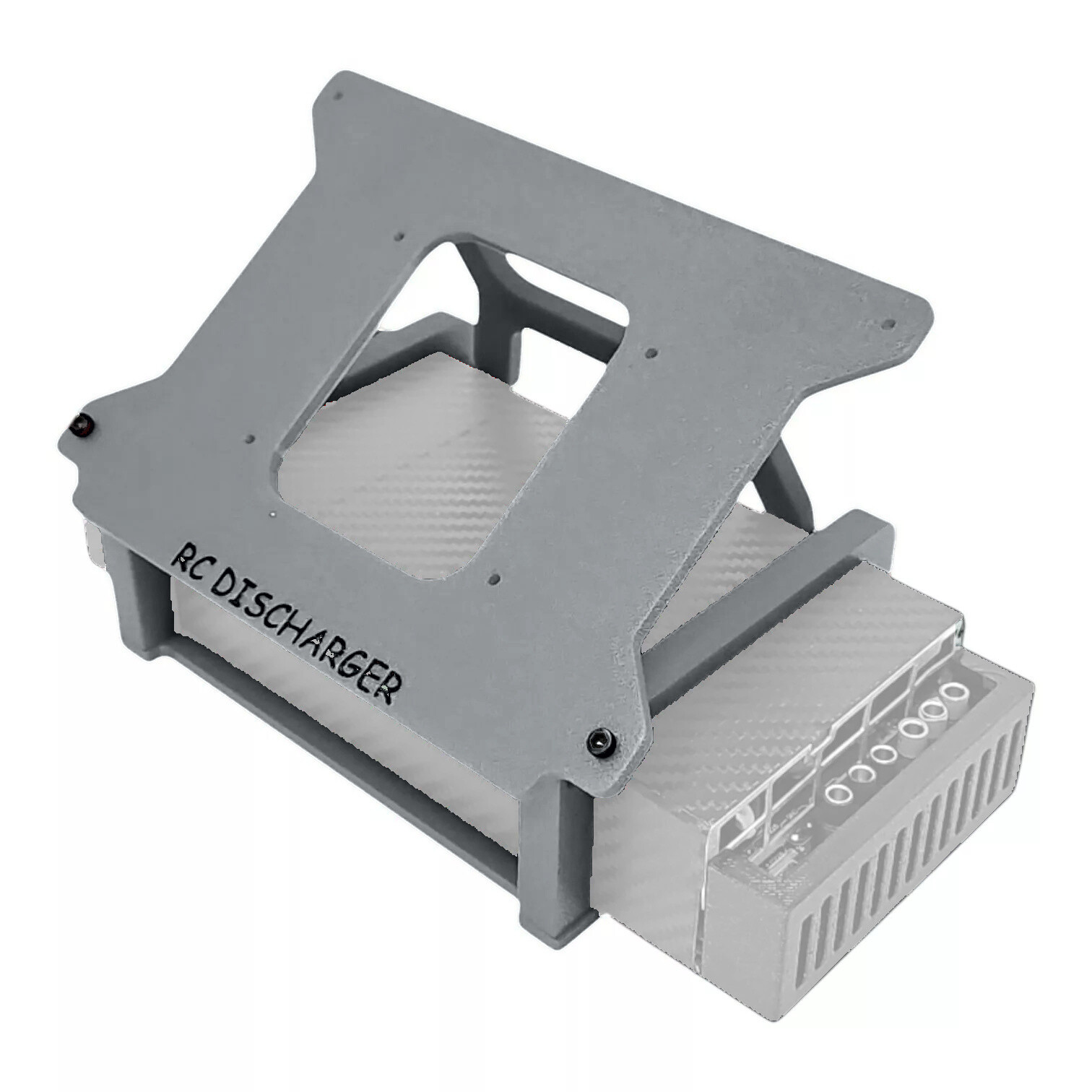 Gray RC battery discharger stand with angled top plate and side cutout, holding an electronic discharger unit