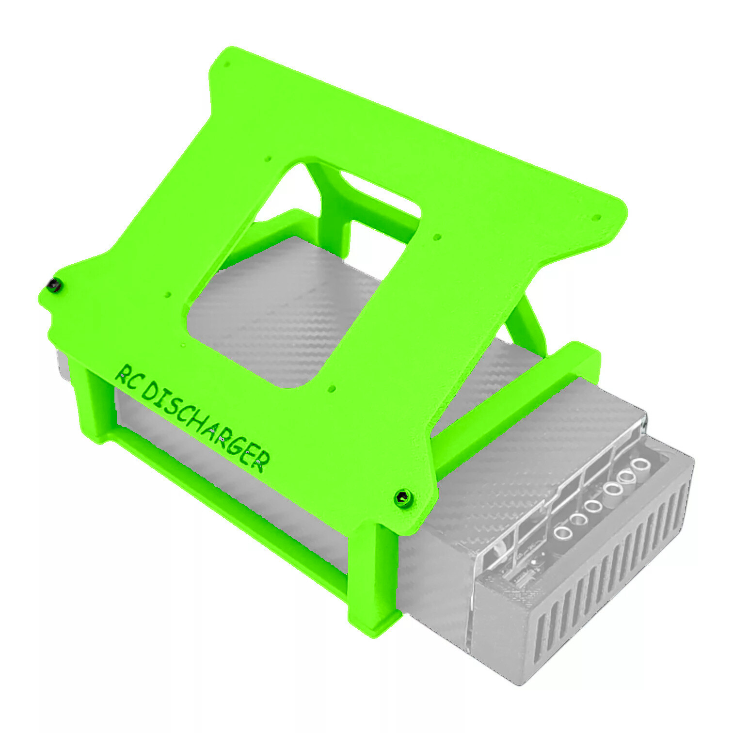 Neon green RC Discharger protective frame mounted on a silver electronic RC battery discharger unit