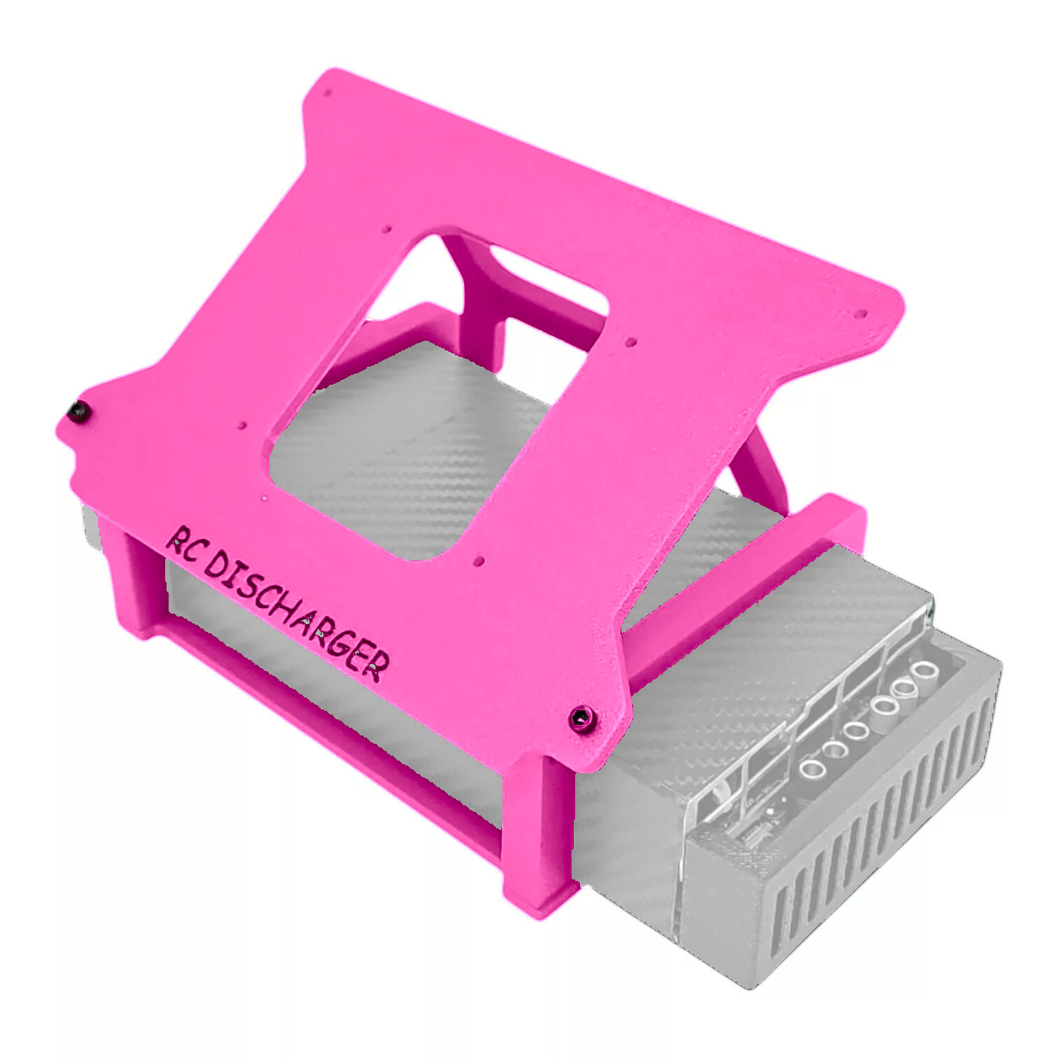Pink RCDischarger protective stand mount for RC LiPo battery charger, shown with charger unit inserted