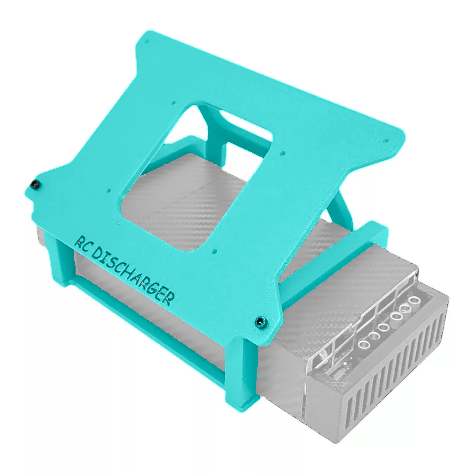 Turquoise RC Discharger stand holding a gray electronic discharger unit with ventilation slots and connector ports