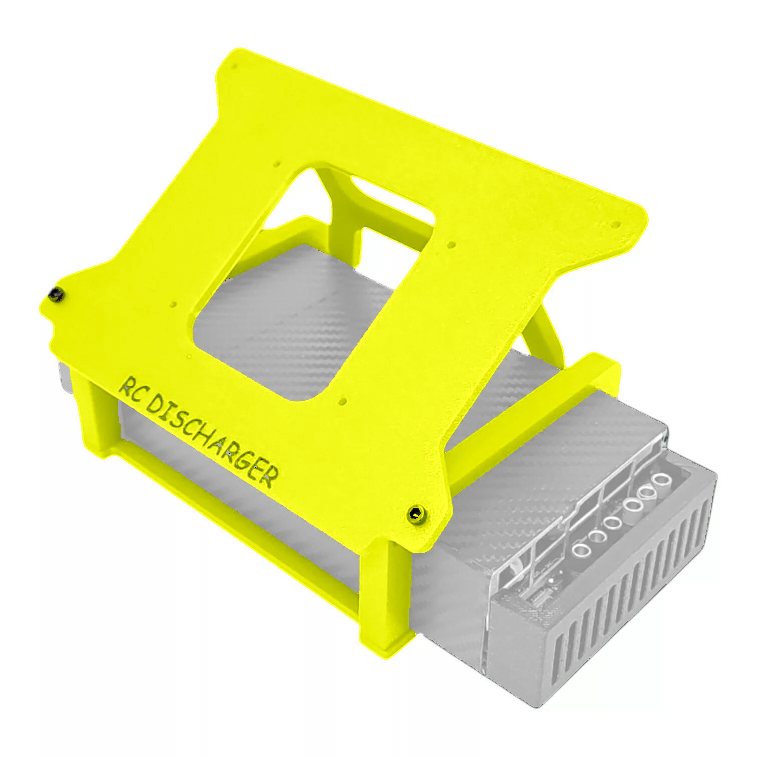 Neon yellow RC discharger protective frame mounted on a silver electronic battery discharger unit