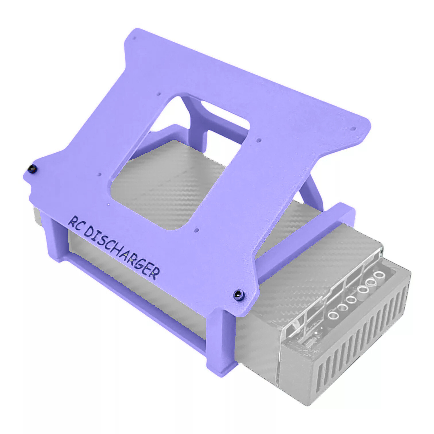 Purple 3D-printed RC discharger stand holding a gray electronic discharger unit with ports, isolated on white