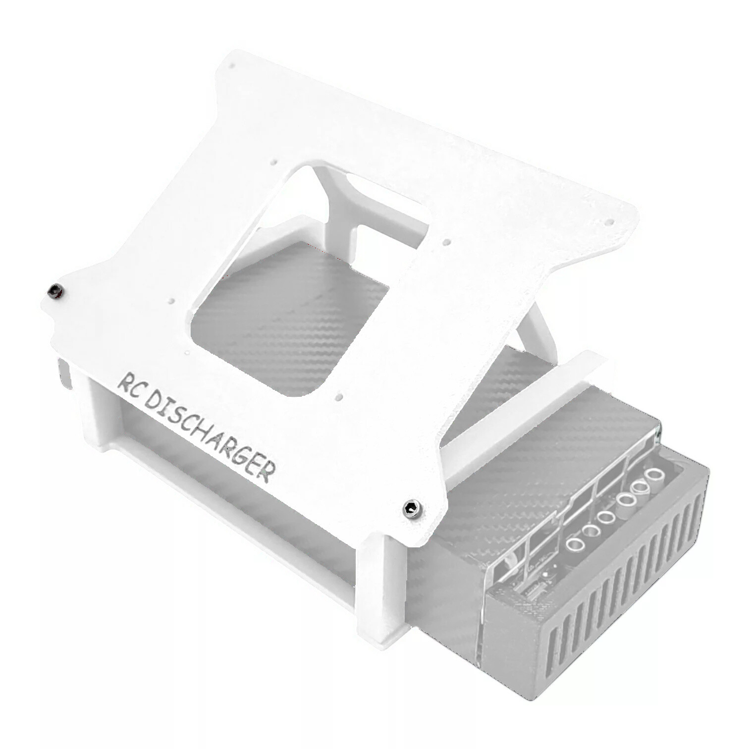 White RC discharger stand with top handle cutout and mounted electronics module on a clean background