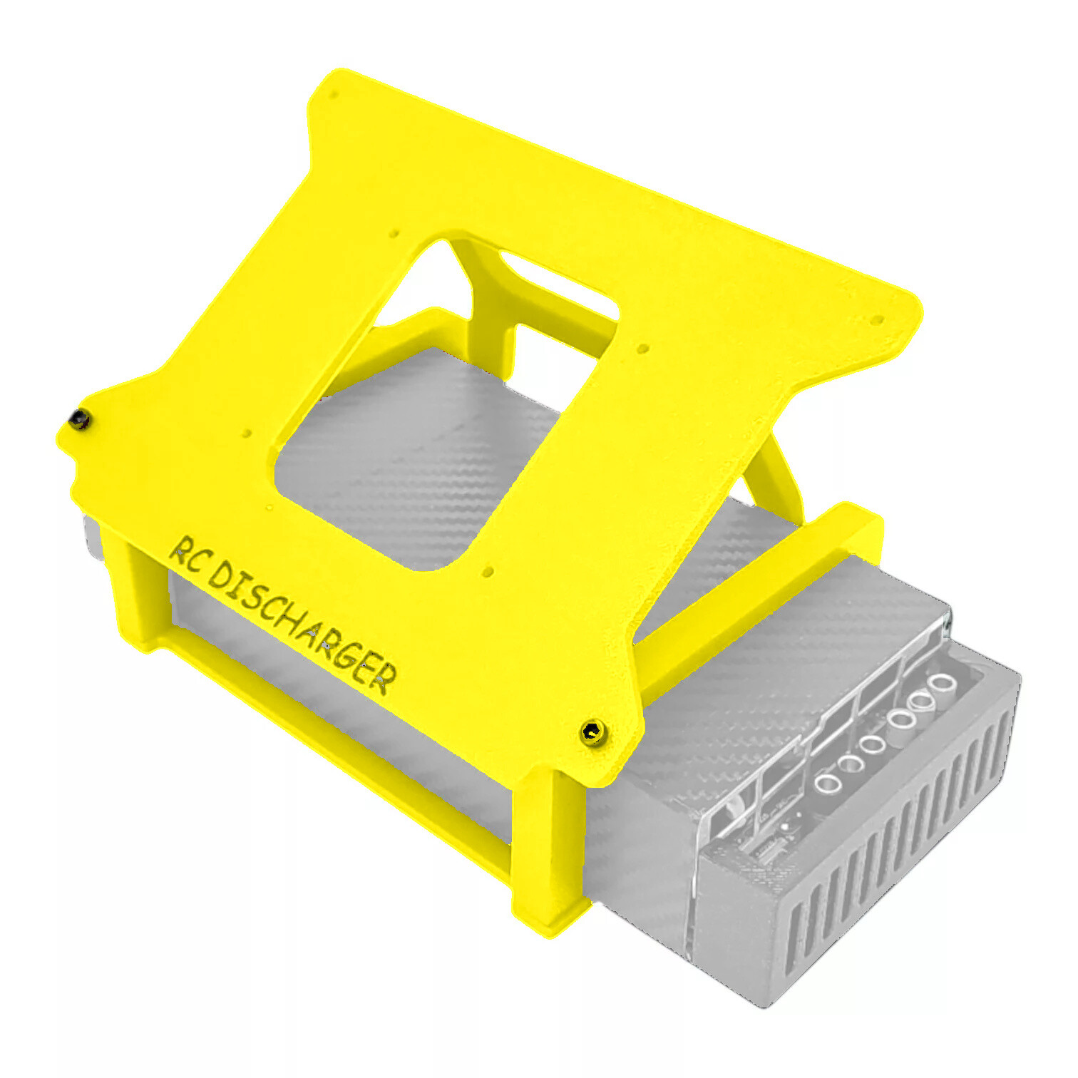 Yellow RC discharger protective frame mounted on a gray electronic module with ventilation slots and connector ports
