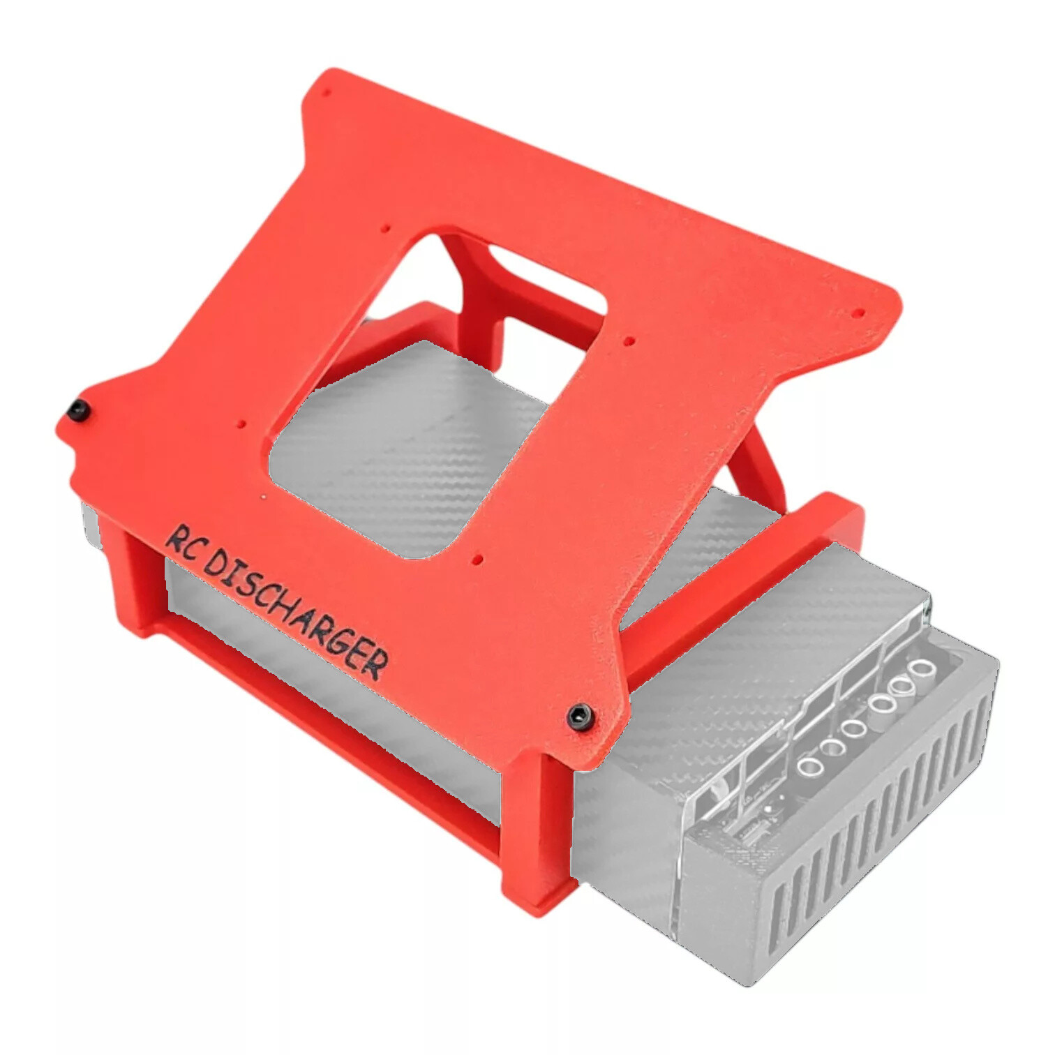 Red RC discharger protective frame mount holding a silver electronic discharger unit on white background