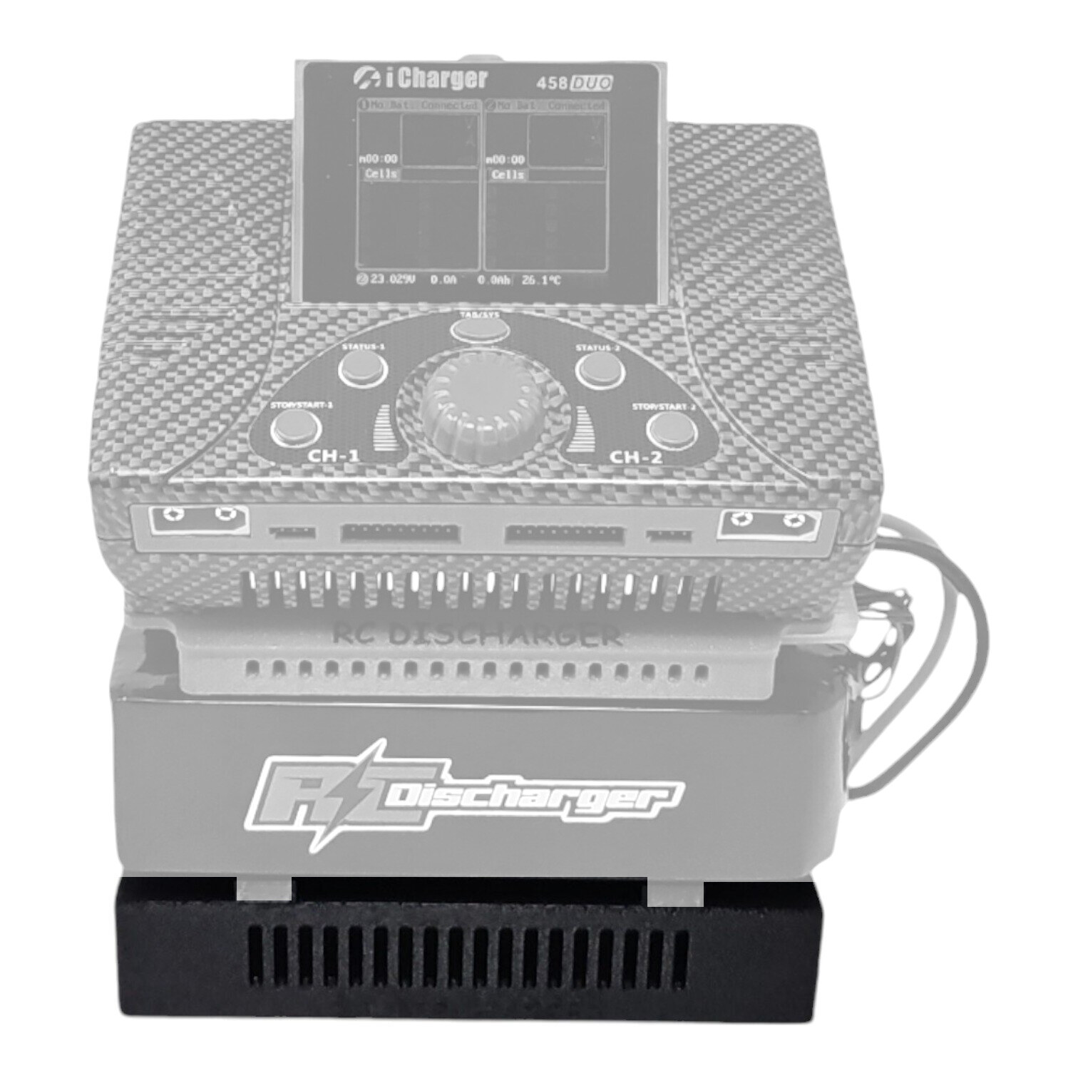 iCharger 458 DUO dual-channel RC battery charger on RC Discharger unit with carbon fiber case and LCD screen