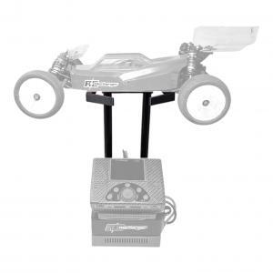 RC buggy on a stand above an iCharger battery charger and Discharger power supply on a white background