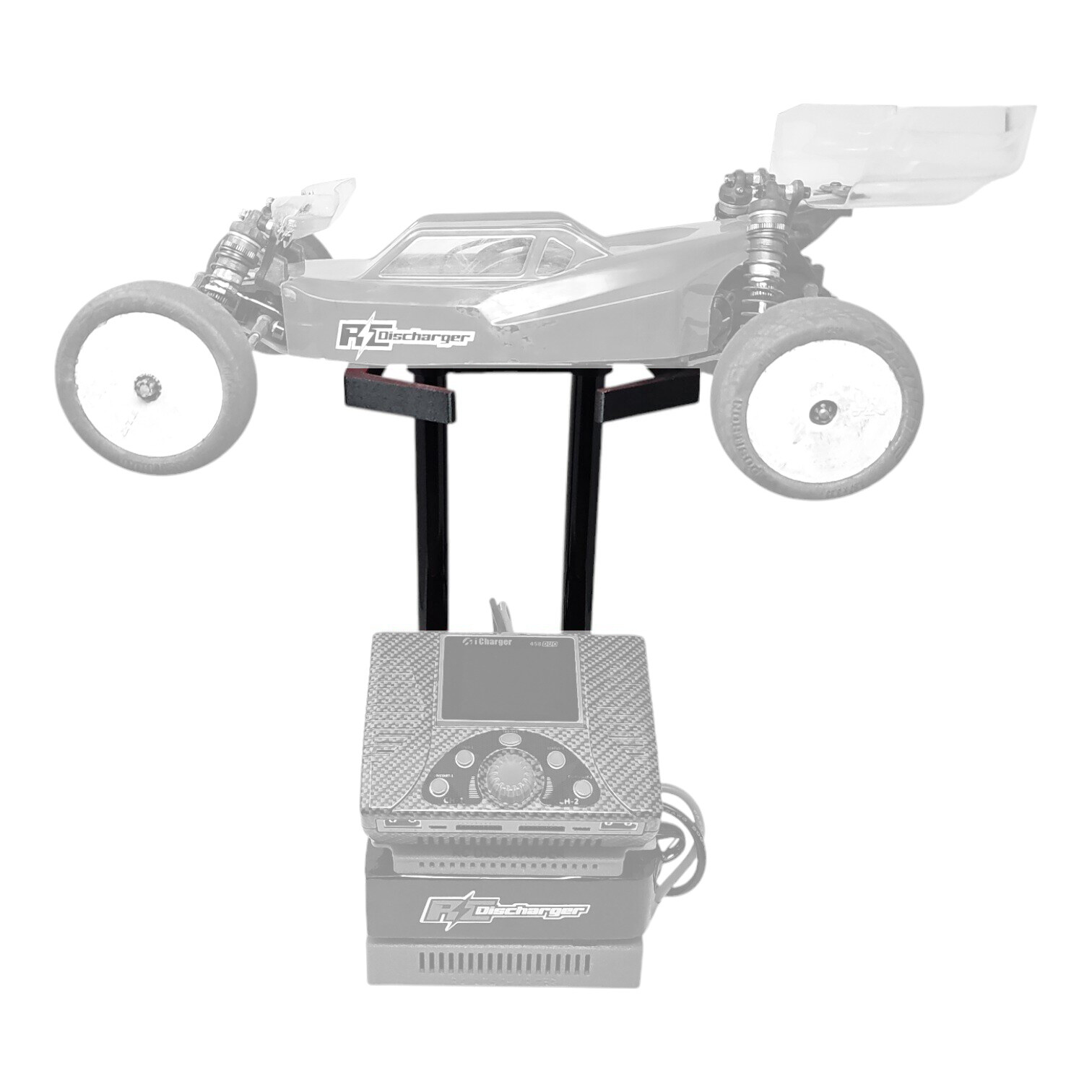 RC buggy on a stand above an iCharger battery charger and Discharger power supply on a white background