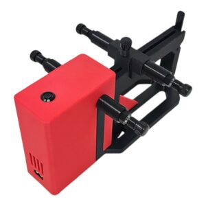 Red and black adjustable camera mounting bracket with clamp screws and power switch on white background