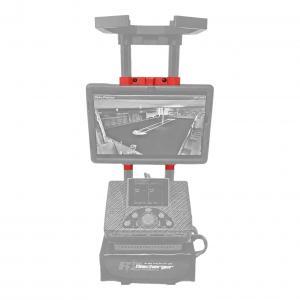 Tablet mount bracket attached to RC battery charger, displaying LiveRC indoor racing track video feed
