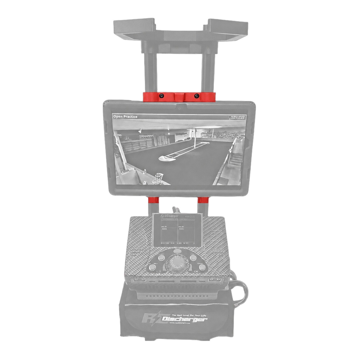 Tablet mount bracket attached to RC battery charger, displaying LiveRC indoor racing track video feed