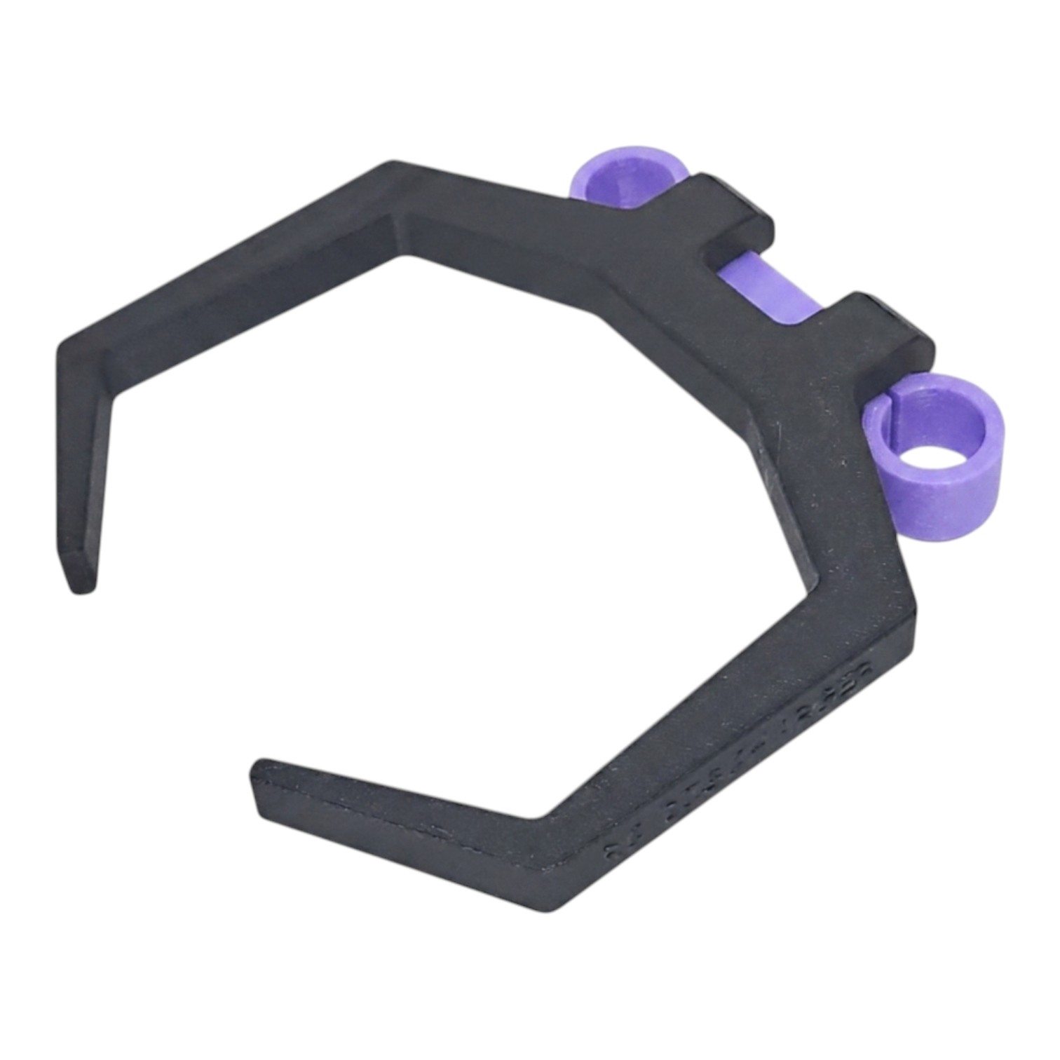 Black plastic hexagonal holder clip with purple rings, isolated on white background
