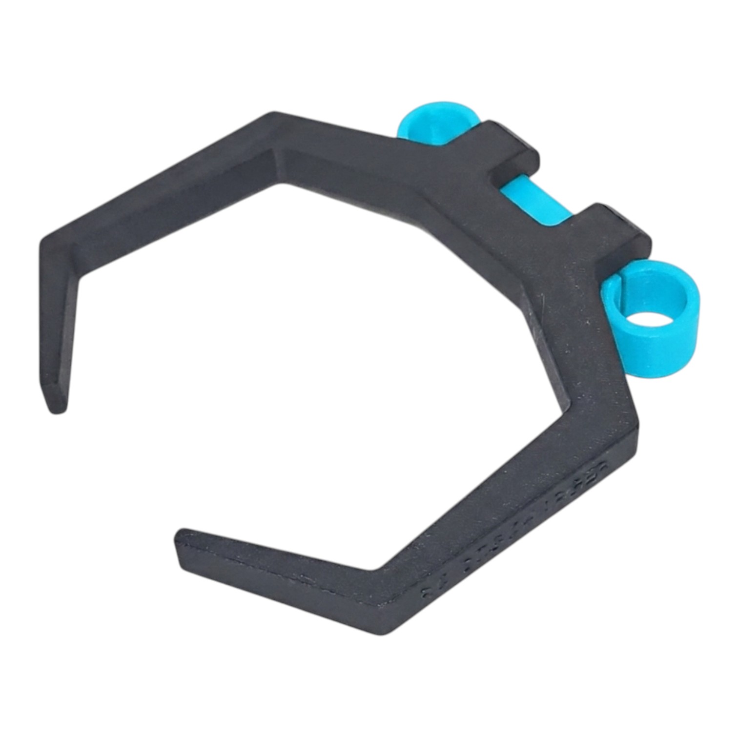 Black plastic hexagonal clamp tool with blue adjustment knobs on white background