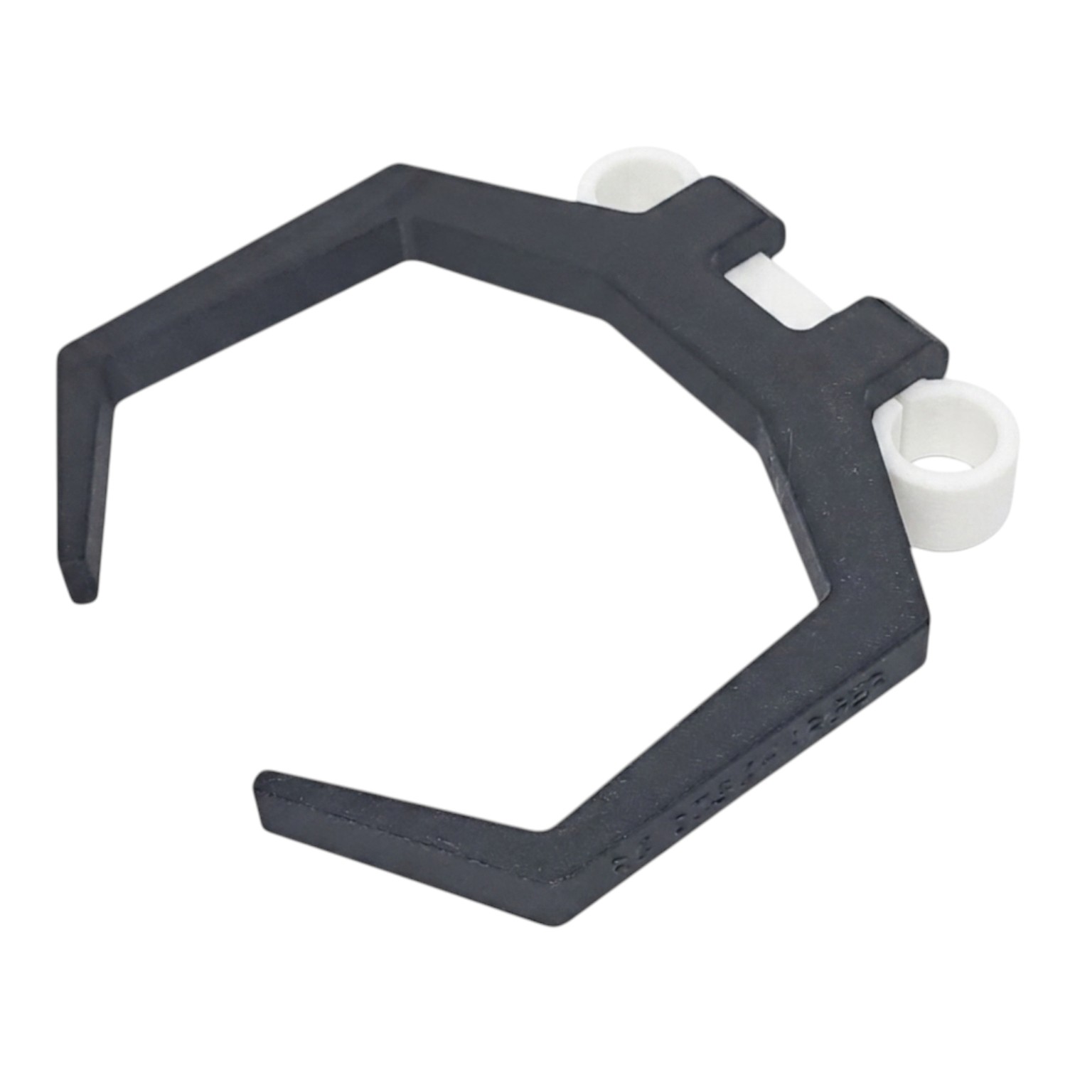 Black plastic mounting clip bracket with two white bushings on a white background