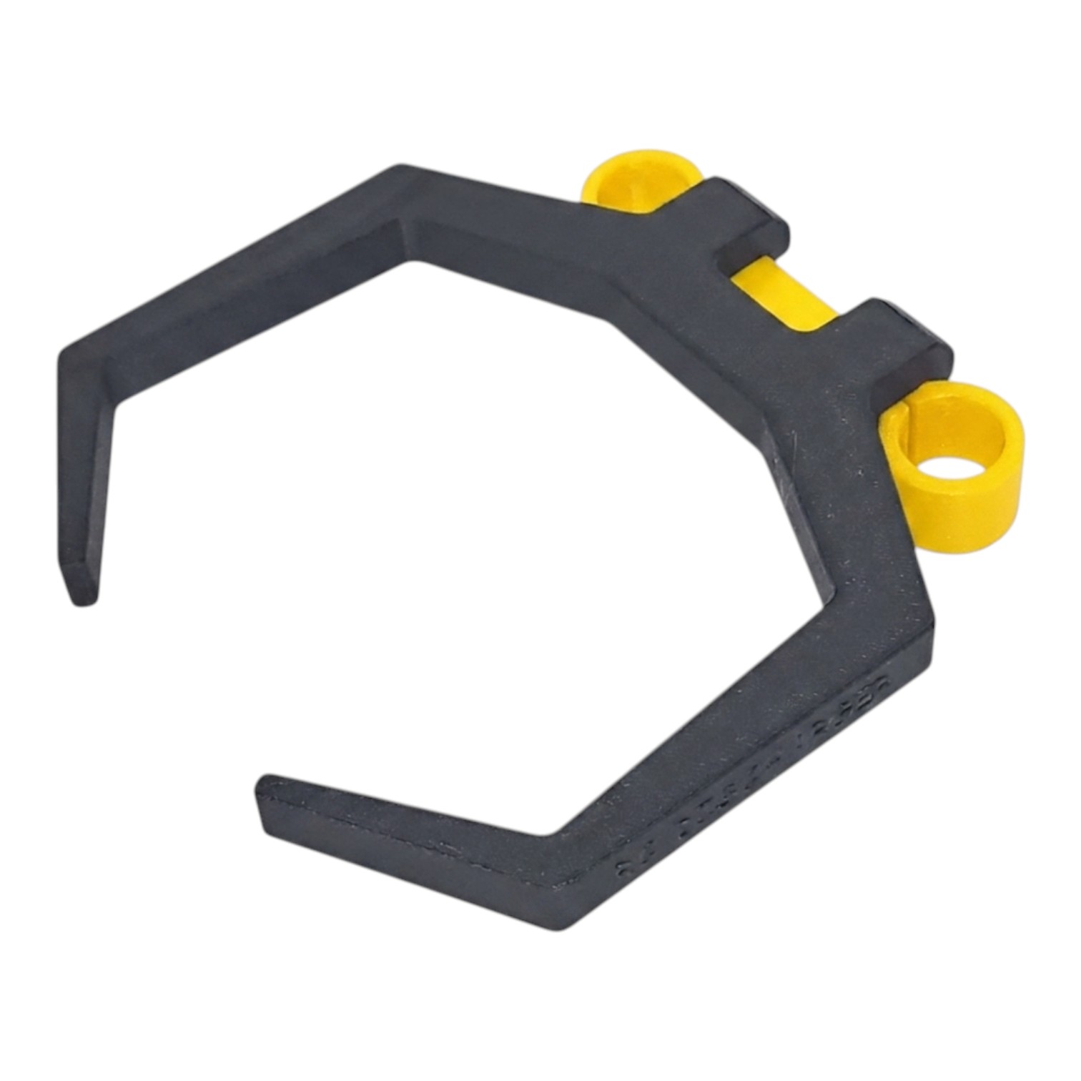 Black and yellow plastic hexagon clip bracket with mounting holes, isolated on white background