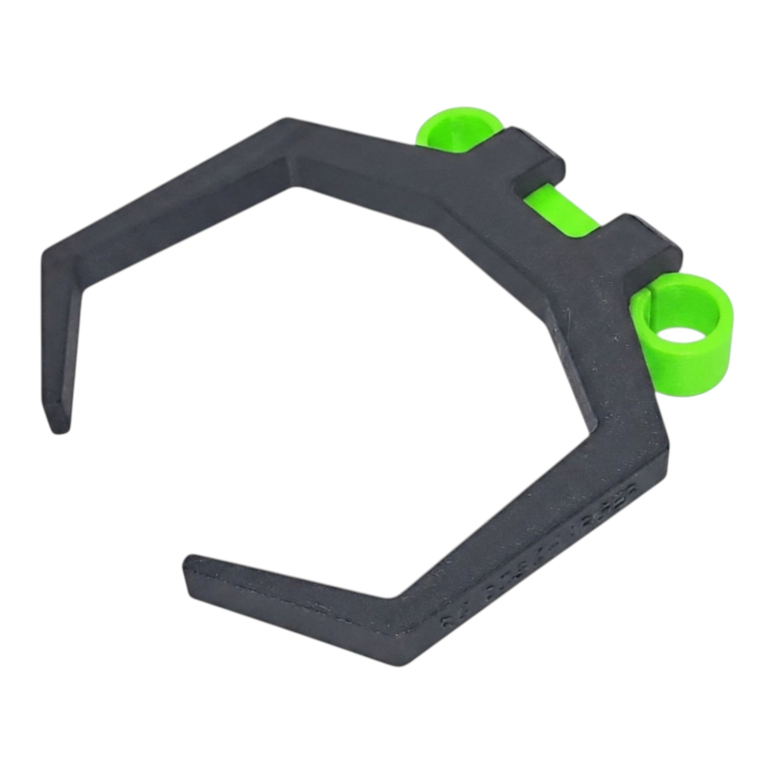 Black hexagonal plastic clamp bracket with green rubber rings, tool accessory holder on white background