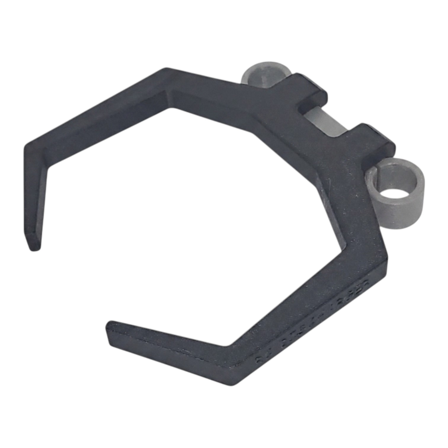 Black plastic mounting bracket clip with two gray screw holes, isolated on white background