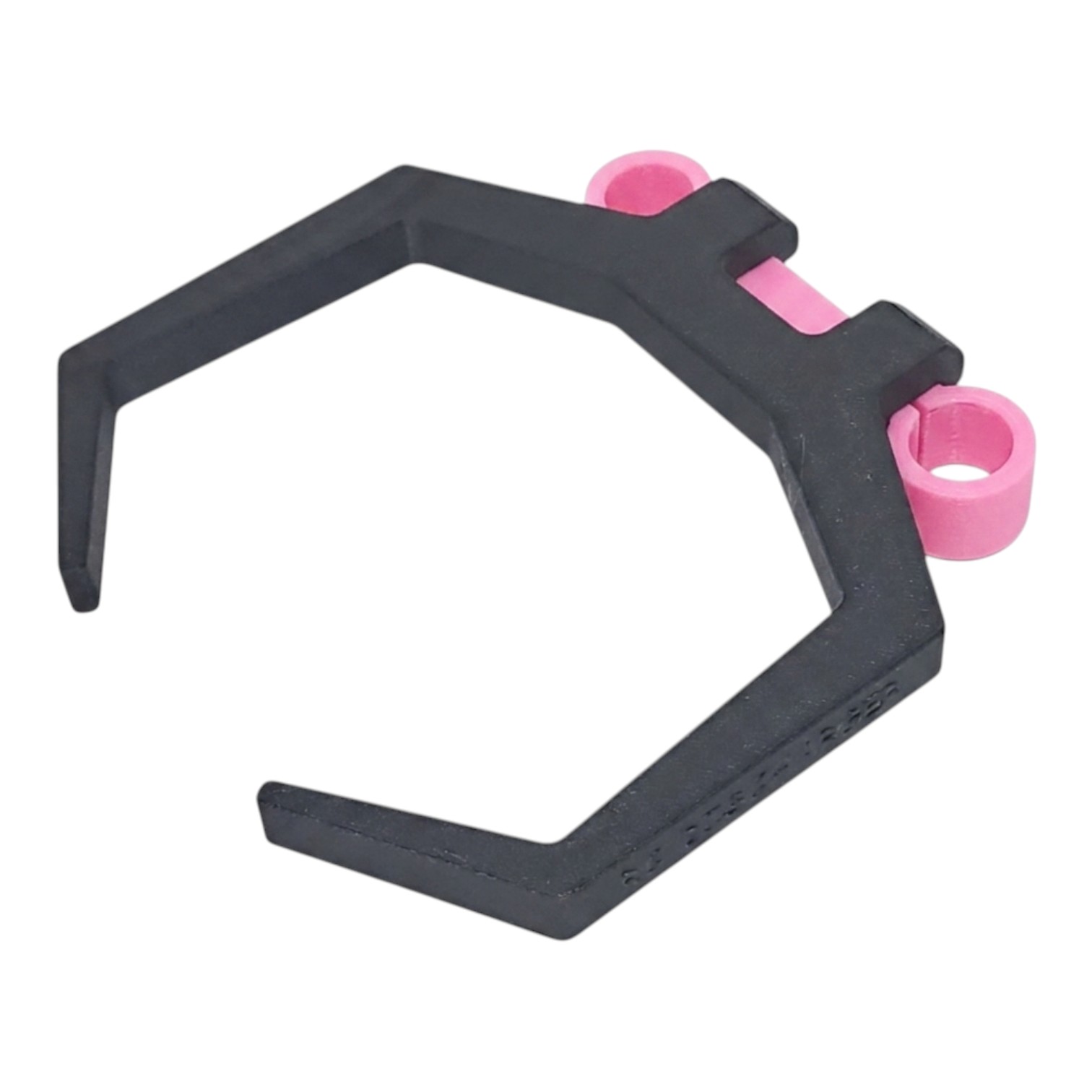 Black plastic hexagon clip bracket with pink mounting grommets, isolated on white background