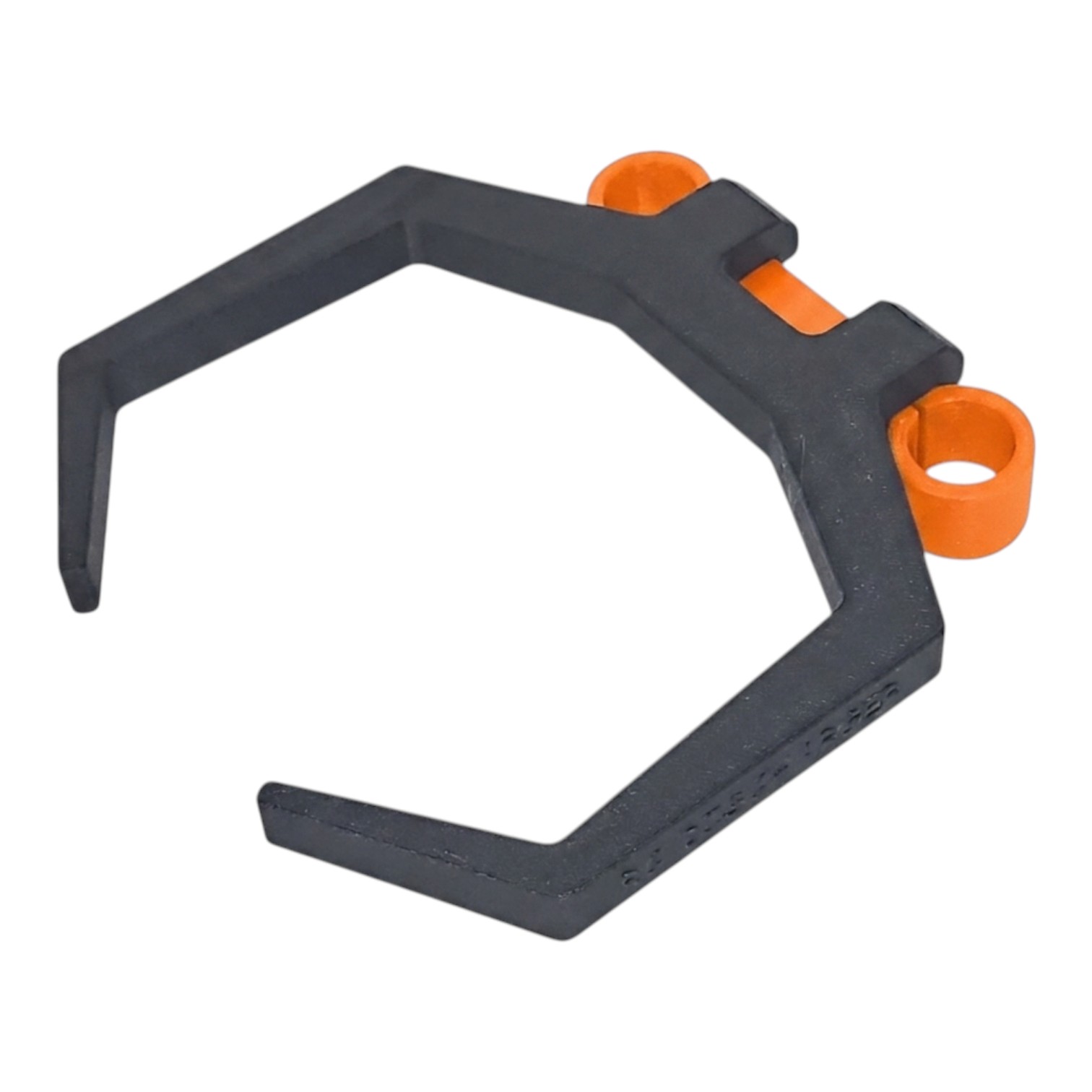 Black plastic hexagon holder clip with orange rubber rings on white background