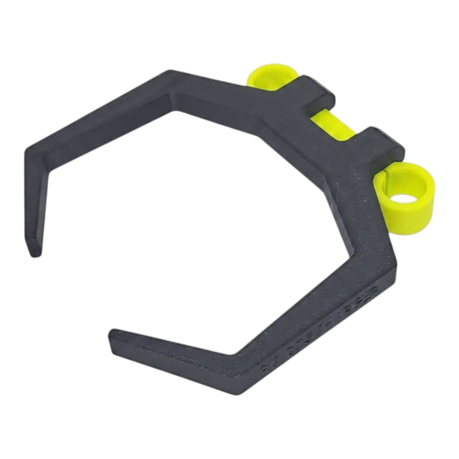 Black plastic clip-on bracket with neon green strap and ring attachment, isolated on white background