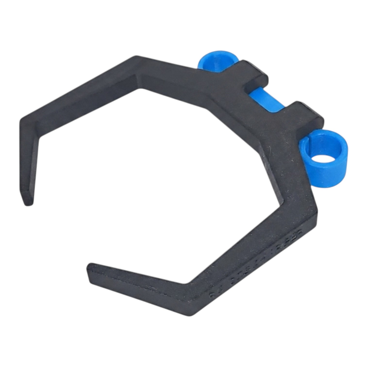 Black plastic clamp bracket with blue locking pin, isolated on white background